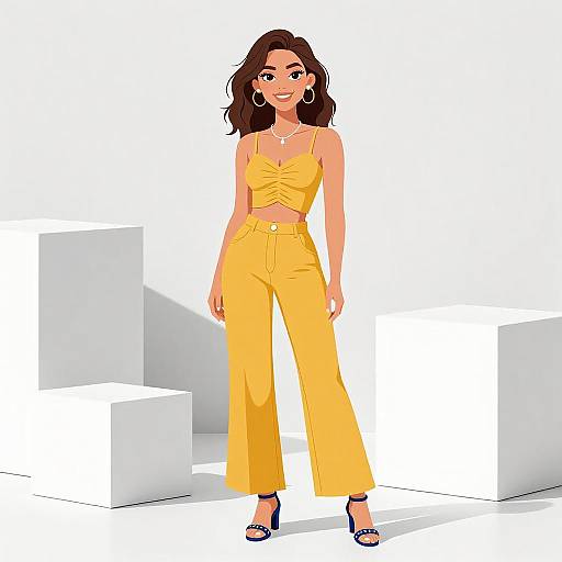Digital illustration of a smiling woman with wavy brown hair, wearing a yellow crop top and high-waisted yellow pants, large hoop earrings, and