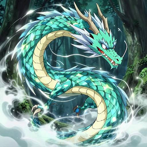 Digital anime artwork of a glowing turquoise dragon with white spikes, curled around two small human figures in a dark forest. Electric energy surrounds them.