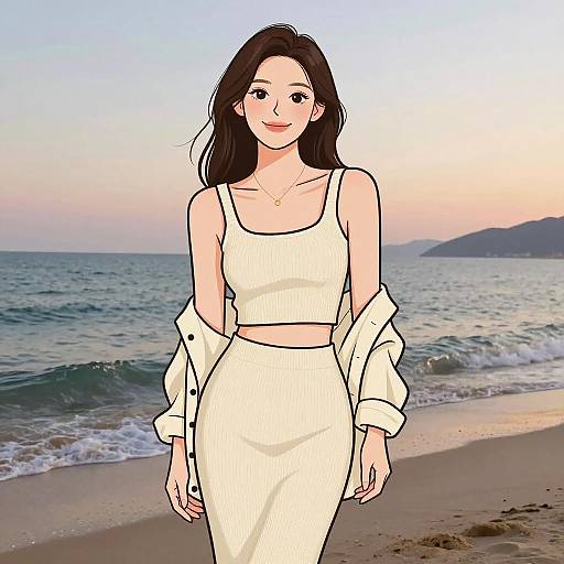 Digital illustration of a smiling young woman with fair skin and long black hair, wearing a white crop top and high-waisted skirt, standing on a
