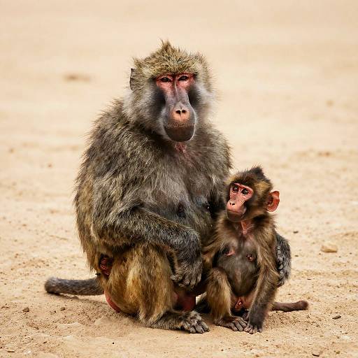 Photograph of a mature, dark-furred baboon with reddish face sitting on dry, sandy ground, holding a smaller, similarly colored baboon