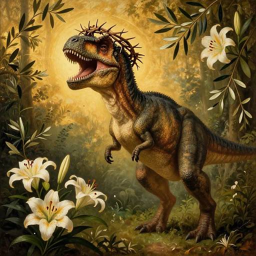 Digital painting of a fierce, green-scaled, spiky-headed dinosaur roaring in a sunlit, lush forest with large white lilies in the foreground
