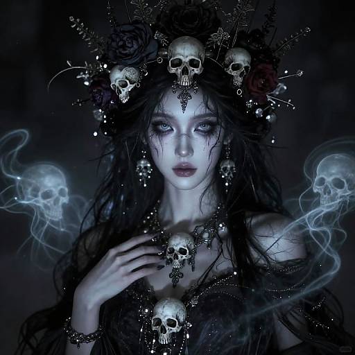 Digital art of a pale, ethereal woman with long black hair, wearing a crown of skulls, surrounded by ghostly smoke and skulls. Dark,