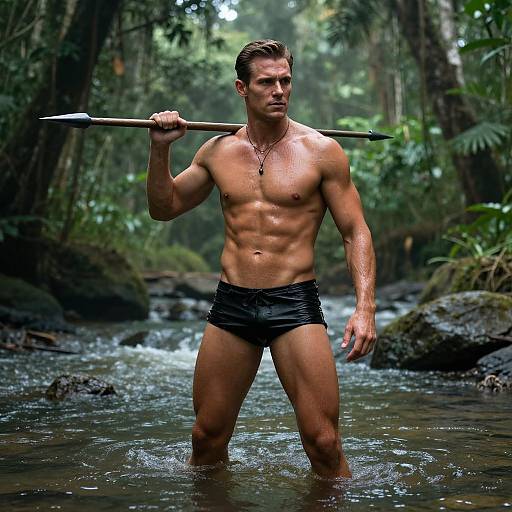 Photograph of a muscular, shirtless man with wet, short brown hair, wearing black swim trunks and holding a spear, standing in a forest