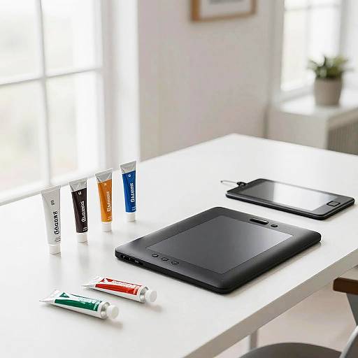 Minimalist Artistic Workspace with Color Accents