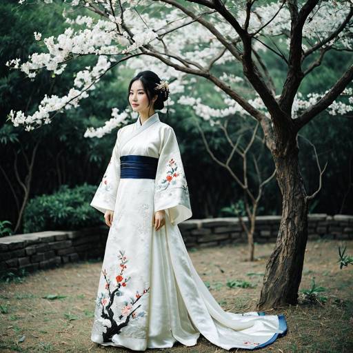 Asian Woman in Hanfu Wedding Dress Under Blossom Tree