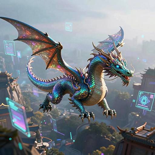Digital art of a vibrant, iridescent dragon with glowing scales, flying above a futuristic, neon-lit cityscape with ancient architecture.