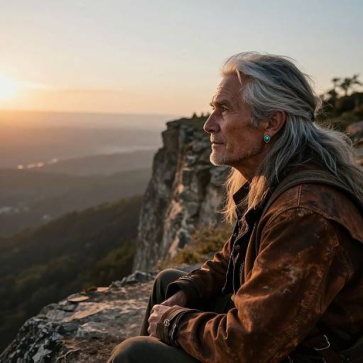 Photograph of an older woman with long gray hair, wearing a brown jacket, sitting on a rocky cliff at sunset, looking into the distance with a