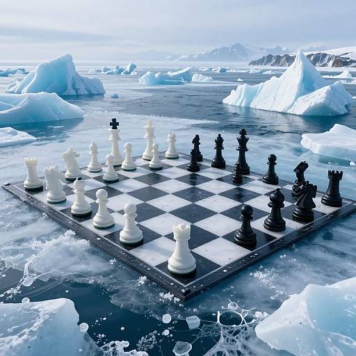 Digital artwork of a chessboard with black and white pieces floating on icy, blue-tinged water surrounded by large icebergs.