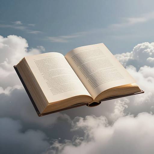 Photograph of an open book floating in a bright blue sky with fluffy white clouds, bathed in sunlight.