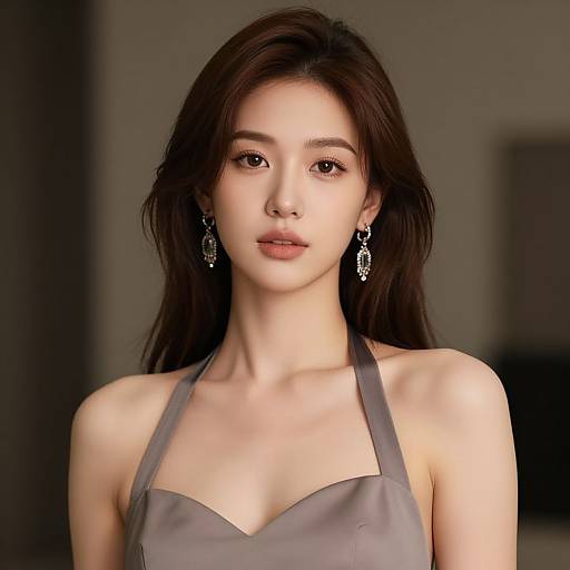 Photorealistic digital portrait of an East Asian woman with long, dark brown hair, wearing a gray halter top and intricate silver earrings, looking directly
