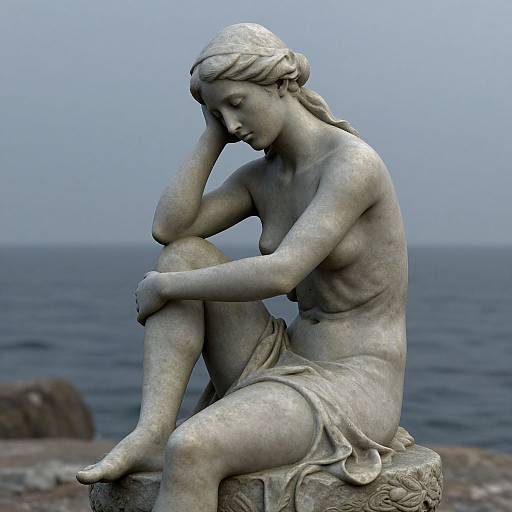 Photograph of a white marble statue of a sad, nude young woman with long hair, seated by the sea, head resting on hand.