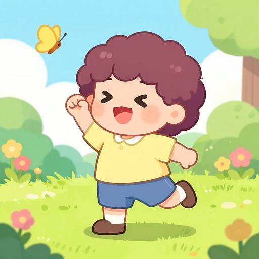Cartoon boy with curly brown hair, yellow shirt, blue shorts, chasing yellow butterfly in sunny, colorful field with flowers and trees.