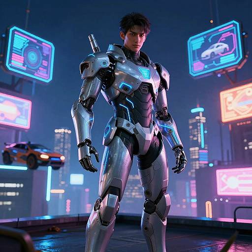 CGI image of a muscular, black-haired man in silver and blue futuristic armor, standing in a neon-lit, cyberpunk cityscape. Bright
