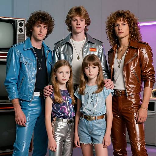 Photograph of four individuals in 80s fashion: three men with curly hair in shiny leather jackets and two young girls in denim shorts and star-pattern