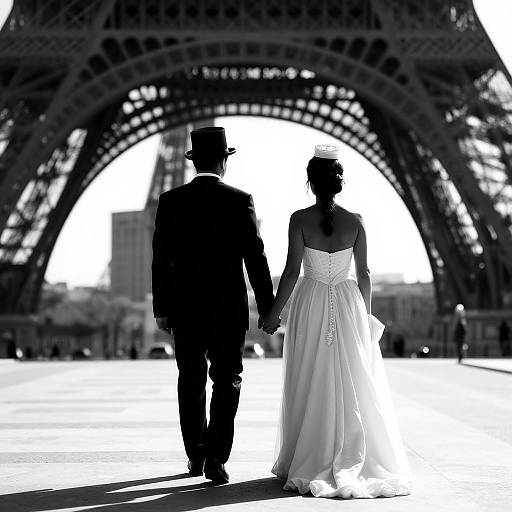 Black-and-white photograph of a bride in a strapless white gown and groom in a suit and hat, walking hand-in-hand in front of the E