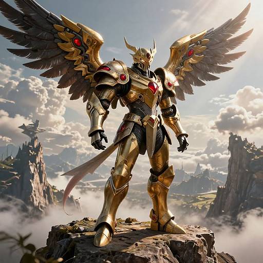 Digital art of a golden-winged, armored warrior with red gems, standing on a rocky peak, overlooking a cloudy mountainous landscape.