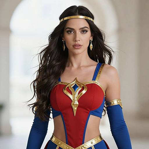 Photograph of a beautiful woman with long black hair, wearing a Wonder Woman costume: red and blue bodysuit, gold armor, blue gloves,