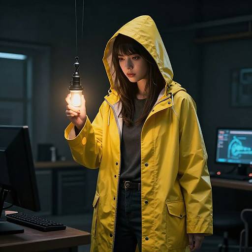 Photograph of a young woman with long dark hair, wearing a bright yellow raincoat with hood, holding a lit bulb in a dimly lit,