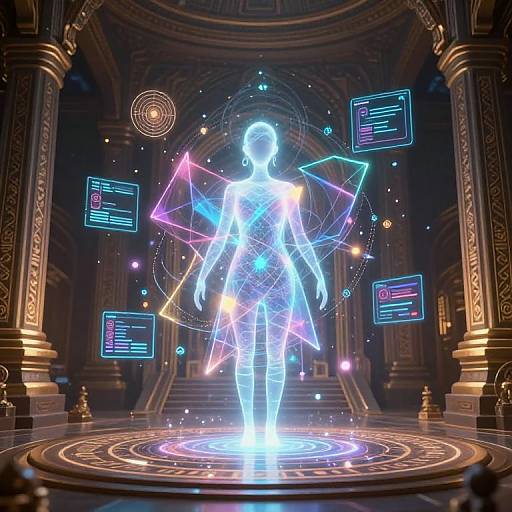 Magical AI Hologram in High-Tech Temple