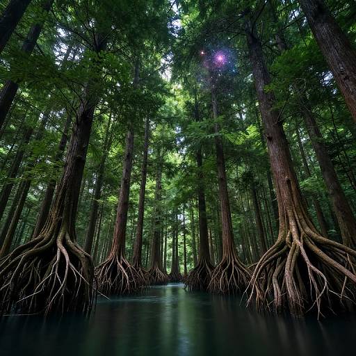 Photograph of a dense forest with towering trees, green foliage, and exposed, gnarled roots in a dark, reflective waterway.