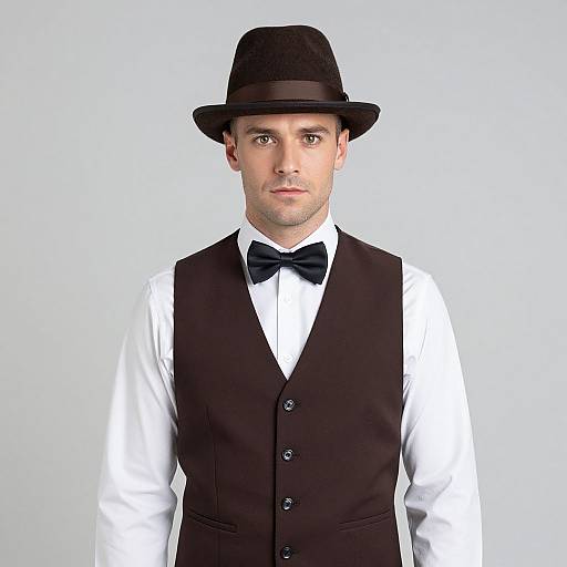 Photograph of a Caucasian man with light skin, wearing a black bowler hat, black vest over a white dress shirt, and black bow tie,