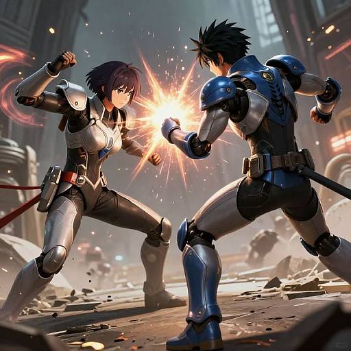 Dynamic anime-style CGI battle: a black-haired woman and a black-haired man in blue and white armor clash with a bright explosion in a ruined, debris