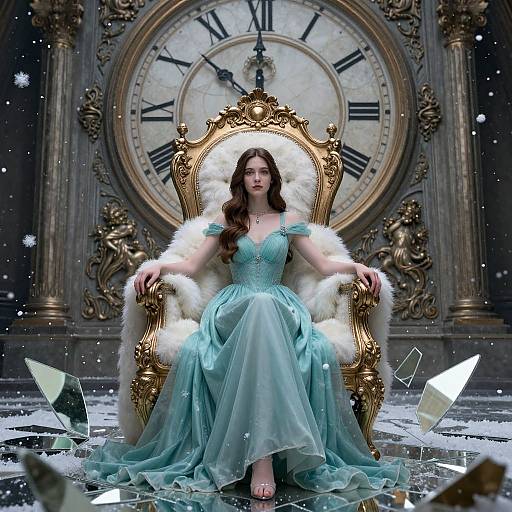 Photograph-style digital artwork of a fair-skinned woman with long brown hair, wearing a blue, off-shoulder, flowing gown, seated on