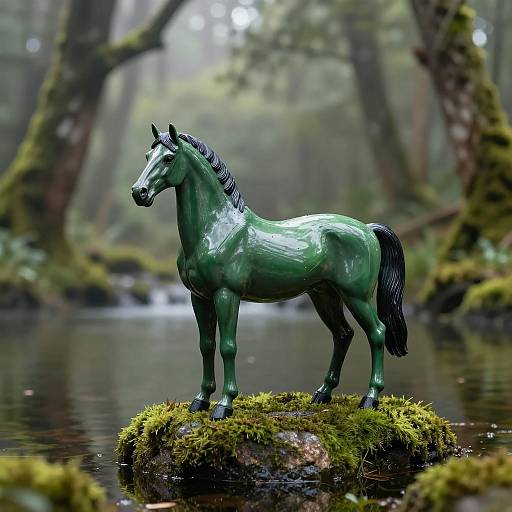 Glossy Green Horse Statuette on Mossy Rock in Forest Pond