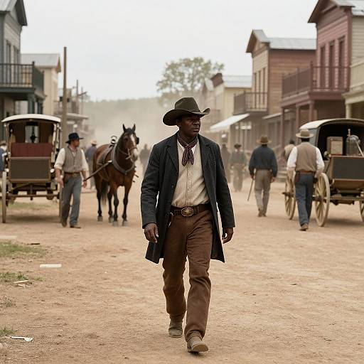 Photograph of a Black cowboy in a brown hat, long coat, and brown pants walking down a dusty, 19th-century Western street. Horse
