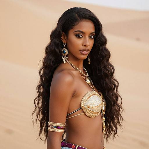Photograph of a beautiful Black woman with long wavy hair, wearing a gold bikini top, gold jewelry, and arm bands, standing against a sandy