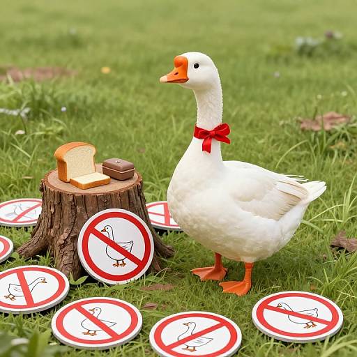 Photograph of a white goose with an orange beak and red bow, standing on green grass beside a tree stump with bread and signs prohibiting feeding.