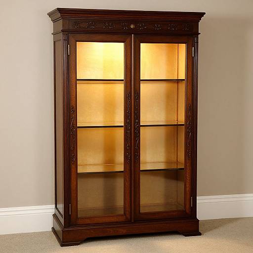 Photograph of an ornate, dark wood glass cabinet with illuminated interior shelves, standing against a beige wall and carpeted floor.