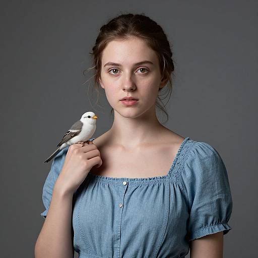 Photograph of a young woman with fair skin and brown hair in a blue, short-sleeved, button-up dress, holding a small white se