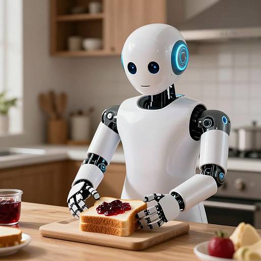 Photorealistic CGI of a white, blue-accented humanoid robot spreading jam on toast in a modern kitchen with wooden cabinets.