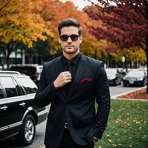 Stylish Man in Black Suit with Autumn Background