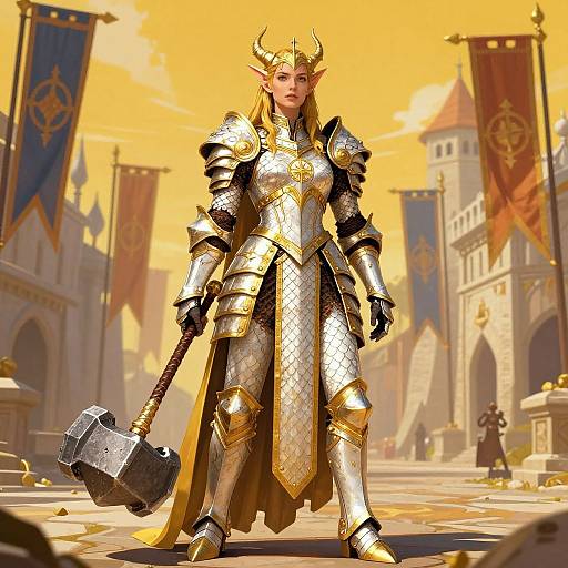 Epic digital art of a fierce, armored female warrior with golden horns, holding a massive hammer in a sunlit, medieval castle courtyard. Her gold