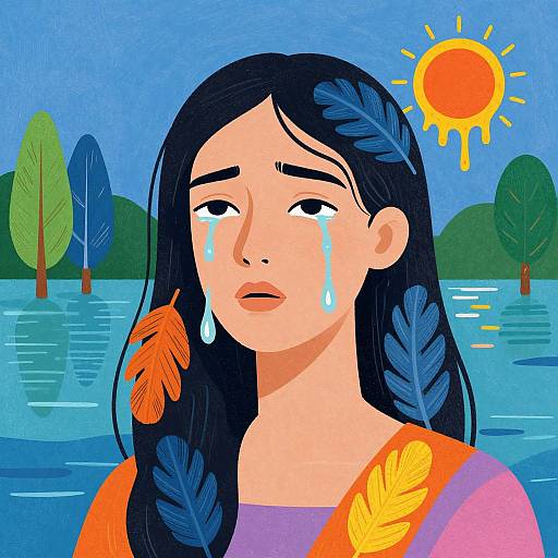 Digital illustration of a sad Indigenous woman with black hair, tears, and feathers, near a blue lake under a bright sun.