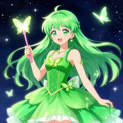 Digital anime-style illustration of a green-haired girl in a green dress, holding a glowing butterfly wand, surrounded by glowing butterflies under a starry night sky