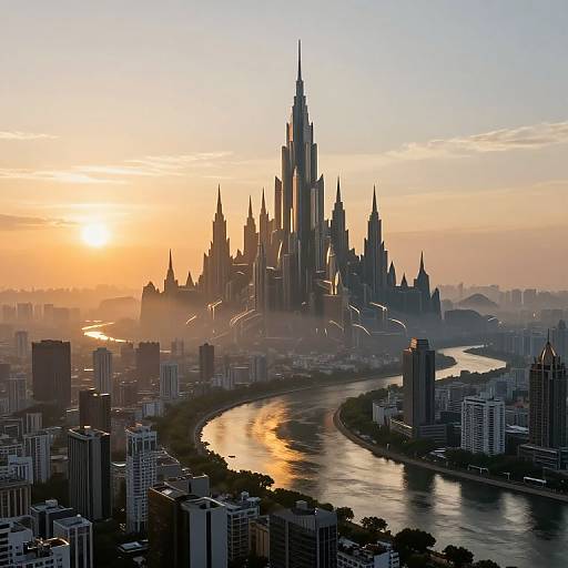 Futuristic Metropolis with Gravity-Defying Fortress