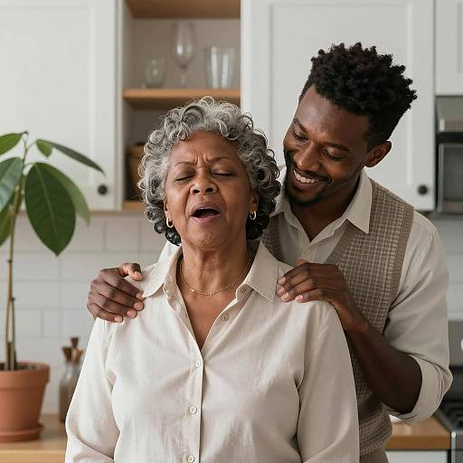 Young Man Hugging Elderly Woman in Kitchen
