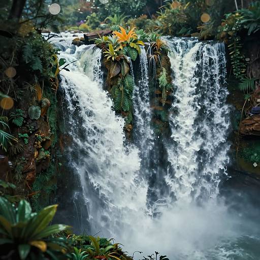 Photograph of a lush, tropical waterfall cascading over dark rocks, surrounded by vibrant green foliage and colorful plants, with mist rising from the base.