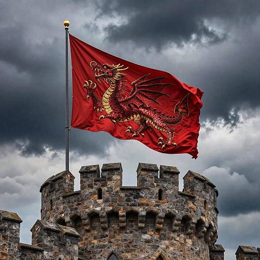 Fiery Red Dragon Banner on Castle