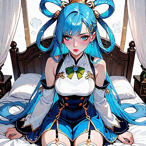 POV Blue-Haired Anime Girl on Bed