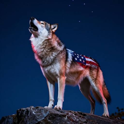 Photograph of a wolf howling at night, illuminated with red and blue lights, showing an American flag pattern on its back, standing on a rock