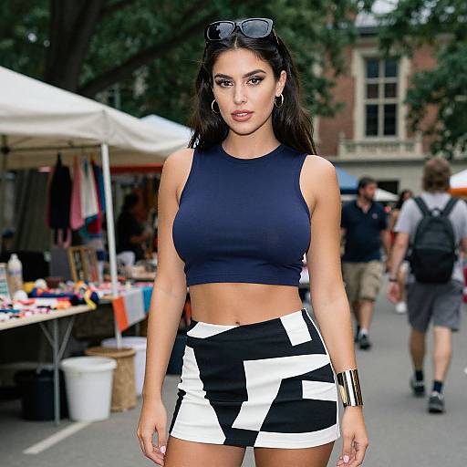 Photograph of a young woman with long dark hair, wearing a black crop top and black-and-white patterned shorts, standing in a bustling outdoor market