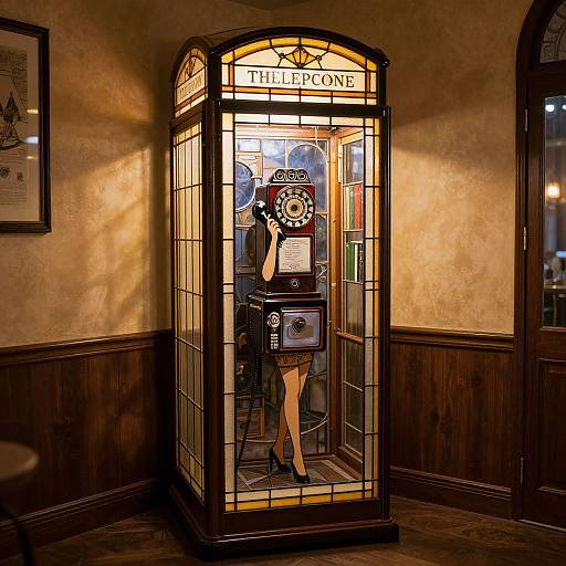 Photograph of a vintage-styled glass phone booth with a woman in a black dress and hat, wearing black heels, standing inside, illuminated by warm