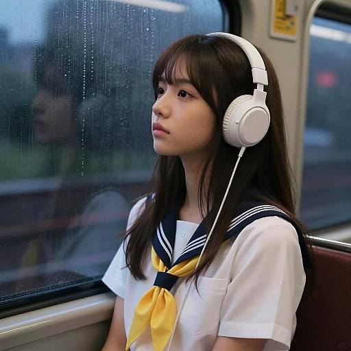 Photograph of an Asian teenage girl with long black hair, wearing a white sailor uniform, yellow necktie, and white headphones, sitting in a rainy