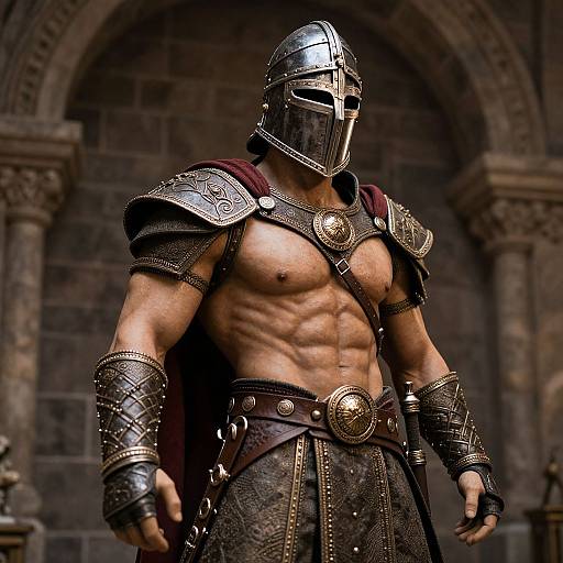 CGI image of a muscular, shirtless gladiator with a metallic helmet, detailed armor, and dark leather skirt, standing in a stone archway