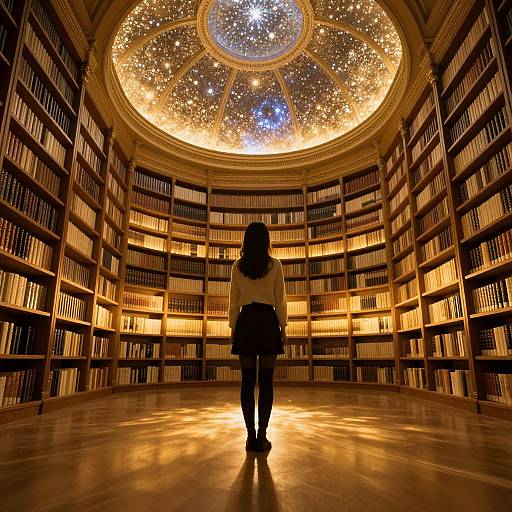 Silhouetted woman stands in grand library with circular starry ceiling, surrounded by golden-lit bookshelves. Photograph, warm lighting.