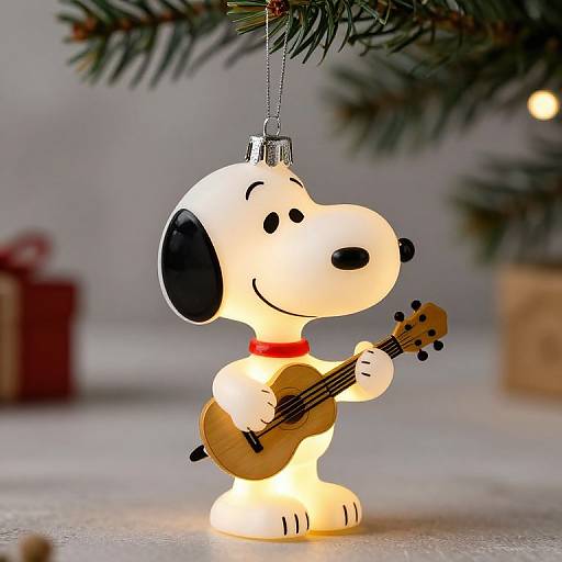 Photograph of a glowing Charlie Brown Christmas ornament playing a miniature guitar, hanging from a tree branch, with blurred gift boxes in the background.